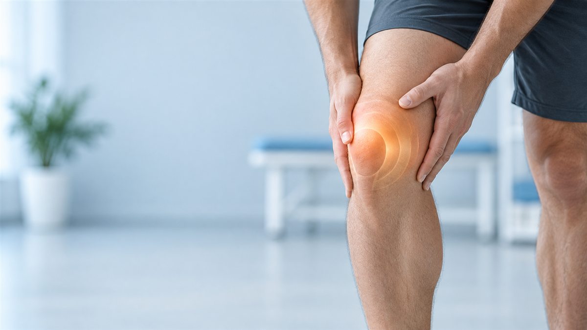 شخص يمسك ركبته بسبب الألم مع إضاءة توضيحية حول مفصل الركبة