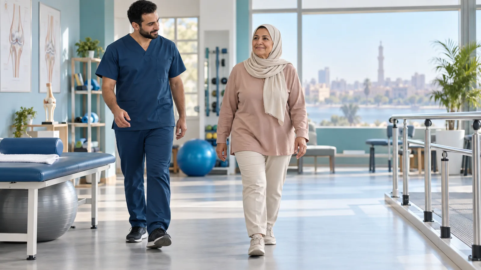 مريضة تمشي أثناء التأهيل بعد عملية تغيير مفصل الركبة بإشراف متخصص